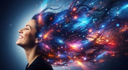 Woman s hair transforms into a cosmic galaxy filled with vibrant lights and stars
