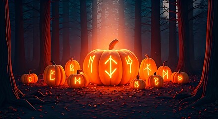 Spooky glowing rune pumpkins for a magical Halloween night in a dark forest, perfect for fantasy themed events and spooky celebrations