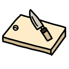手描き線画のシンプルで可愛い包丁とまな板のセットのイラスト