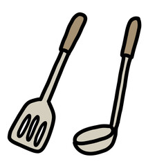 手描き線画のシンプルで可愛いフライ返しとお玉のセットイラスト
