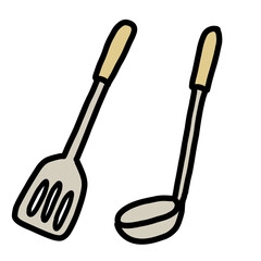手描き線画のシンプルで可愛いフライ返しとお玉のセットイラスト