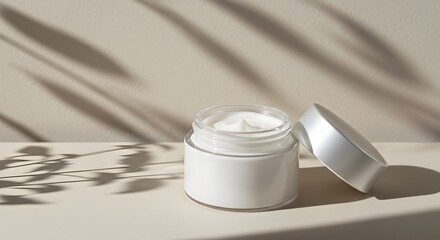 Minimalist skincare cream jar with soft natural shadows