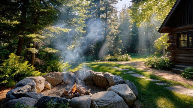 Cozy outdoor fire pit surrounded by lush greenery and a log cabin, morning light streaming through the trees