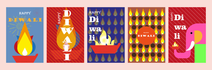 Print Diwali, Deepavali, festival of lights, Indian festival, celebration, geometric, vector, illustration, modern, minimalist, diya, elephant, greeting card, poster, template