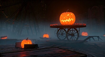 Spooky Halloween night with glowing pumpkins at abandoned amusement park carnival ride, perfect for eerie seasonal designs and festive holiday themes