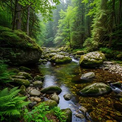Serene Forest Stream - A Tranquil Landscape of Natures Beauty.