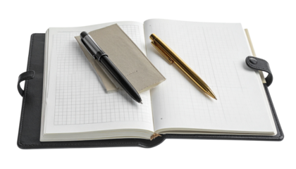 Creative Writing Workspace – Open Notebooks with Pens – isolated on transparent background
