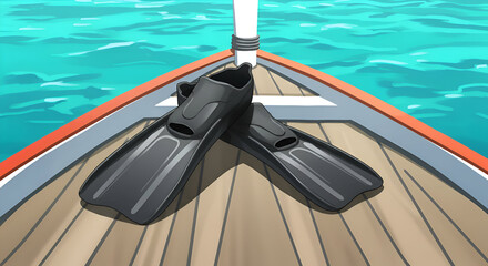 Black diving fins resting on a wooden boat deck with turquoise water in the background. Recreational divers' equipment laid out on a boat in a tropical setting.