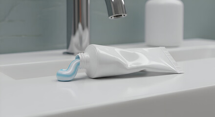 Empty tube of toothpaste with blue toothpaste dripping onto a white bathroom sink countertop near a faucet. A hygienic, clean bathroom scene.