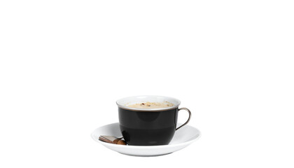 Black cup of coffee on white saucer