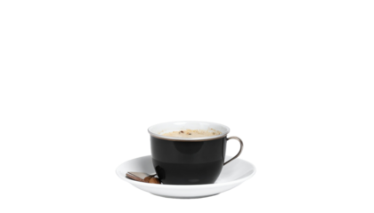 Black cup of coffee on white saucer