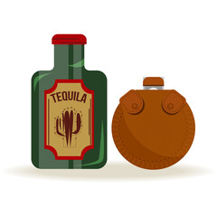 Green glass bottle of tequila with label and a round brown flask on a simple surface with a transparent background