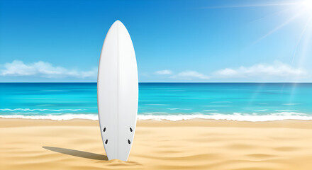 White surfboard on a sunny beach with turquoise ocean. Summer vacation scene with beach accessory. Surfer's beach equipment, coastal location -