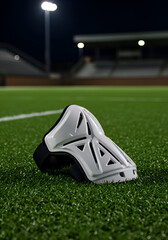 White protective shoulder guard resting on a green artificial turf field at night with a stadium in the background. Athlete equipment for sports like lacrosse or hockey placed on the field at night.
