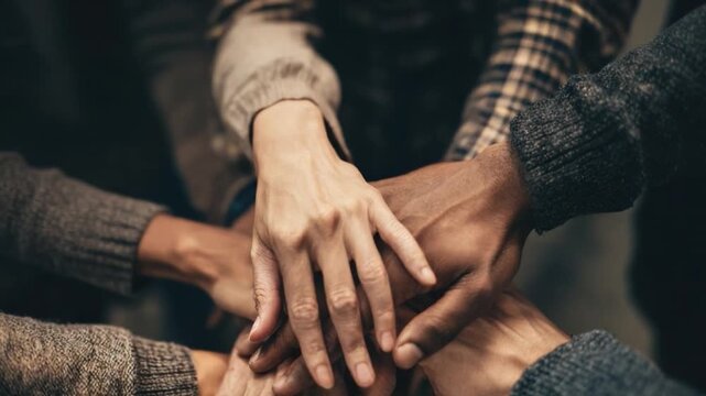 Unified Commitment: An interwoven display of hands symbolizes unity, collaboration, and shared purpose, highlighting the strength found in diverse partnerships.