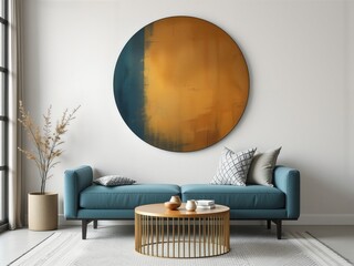 
keyword: living room, sofa, coffee table, abstract art, wall art, circular painting, modern desi