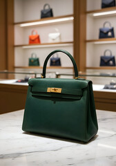 Emerald green handbag displayed in a high-end fashion boutique. Luxurious accessory resting on a marble surface in front of various handbags and a well-lit display in a modern store.