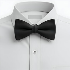 A black bow tie adorning a light gray dress shirt, suitable for formal occasions. Elegant accessory for a professional man in a business or social setting.