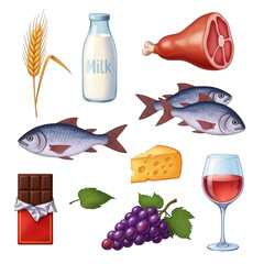 Selection Food Items Fresh Healthy Ingredients Meat Fish Dairy Products Chocolate Fruits Bread Grapes Cheese Wheat Milk Dinner Culinary Diet Gourmet