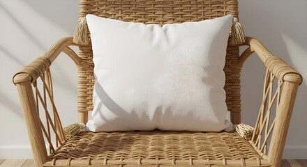 Cream colored pillow rests on a light brown wicker armchair with natural light streaming in. Empty pillow on a modern rattan chair against a plain wall.