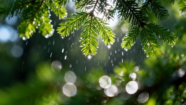 Fresh Green Pine Tree Branch with Rain Droplets in Sunlight, Nature Macro Photography