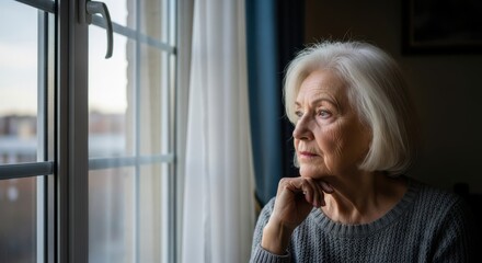 Elderly woman gazes out window reflecting on life with a thoughtful expression