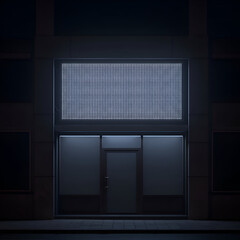 Modern storefront at night with illuminated LED sign. Empty storefront at night with blank display windows. Business premises with LED screen. urban location -
