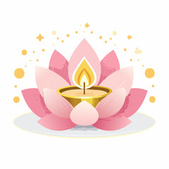 A beautiful pink lotus flower with a lit candle in its center, surrounded by golden sparkles.