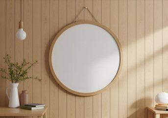 Empty round wooden frame on light beige wooden wall with potted plant and books on a side table. Minimalist aesthetic with natural light and shadows.