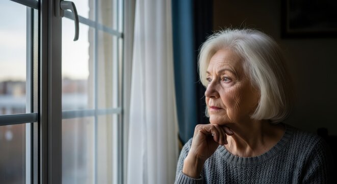 Elderly woman gazes out window reflecting on life with a thoughtful expression