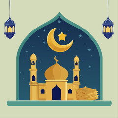 Illustration of a mosque with a crescent moon and star, lanterns hanging on either side.