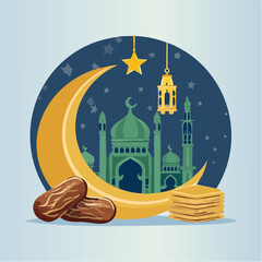 Islamic illustration for Ramadan featuring a crescent moon, mosque, hanging lantern, and dates.