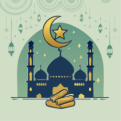 A beautiful illustration of a mosque with a crescent moon and star, symbolizing Islamic culture and religious celebration.