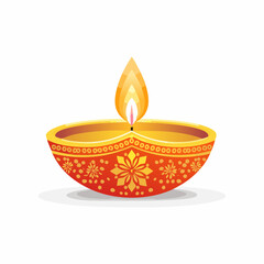 A beautifully decorated traditional Indian Diya oil lamp with a burning flame on a white background.