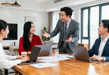 Asian Business Professionals in a Lively Office Meeting