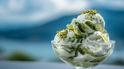 Ice cream. A glass bowl filled with ice cream. Ice cream scoop. 