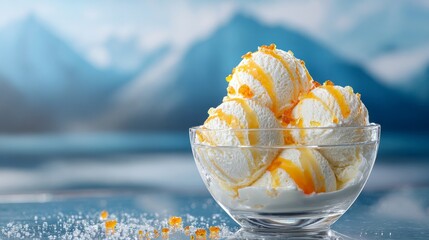 Ice cream. A glass bowl filled with ice cream. Ice cream scoop. 