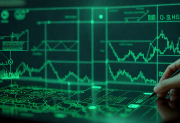 Hand analyzing digital financial market data screen