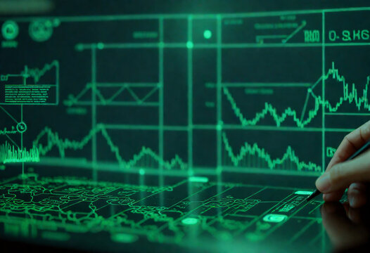 Hand analyzing digital financial market data screen