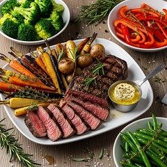 Exquisite Steak Dinner with Roasted Vegetables and Herb Butter.