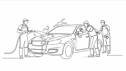 Continuous Line Art of Workers Washing Car with Hoses and Sponges, Minimalist Black and White Auto Detailing and Vehicle Cleaning Illustration