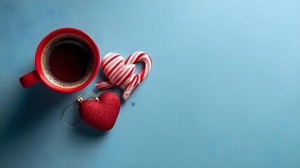 A red mug of coffee with candy canes and a heart on a blue background.
