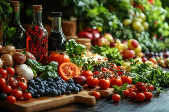 Fresh vegetables and fruits arranged on a wooden table in a vibrant kitchen setting