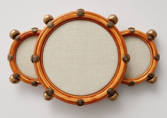 Obraz premium Three concentric, light-brown wooden frames with a light beige fabric center, mounted on a light gray background. Ornate, decorative, and detailed metal accents