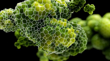 Green molecular structure hexagonal mesh digital 3D illustration virus particle floating black space scientific molecular science - Powered by Adobe