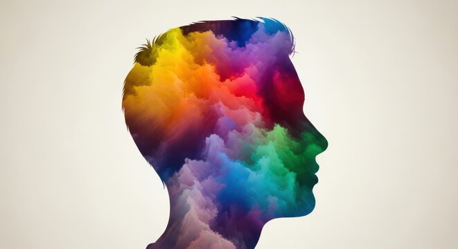 Vibrant spectrum of colors exploding within a human head silhouette