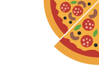 Flat lay illustration of a delicious pizza with a removed slice and a smaller separate piece. Food menu design, fast food concept.