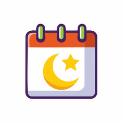 Cartoon calendar icon with a yellow crescent moon and star, symbolizing Islamic holidays or events.
