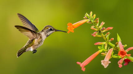 Ruby-throated Hummingbird (Male) with a Mandevilla Flower