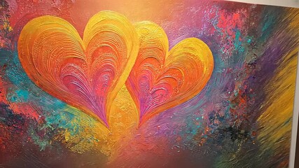 Vibrant abstract painting featuring intertwining hearts in a colorful explosion of hues and textures - Powered by Adobe